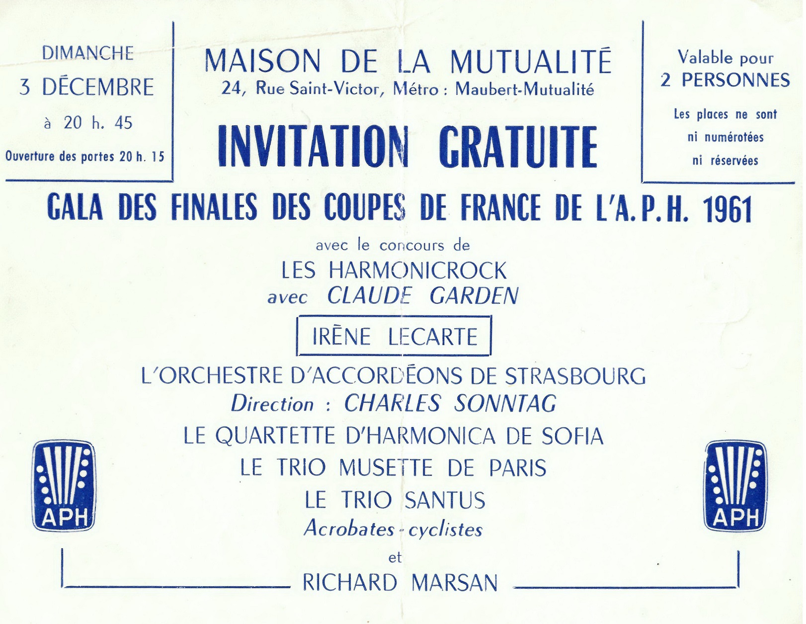 Покана за концерта на мундхармоничен квартет „Брио“ в Париж